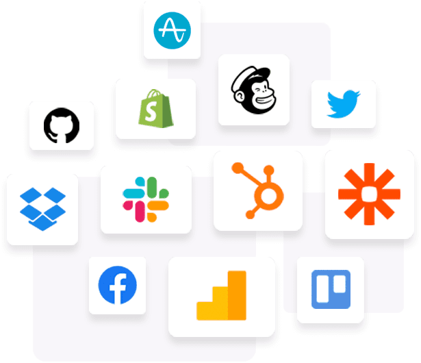 business application icons including mailchimp, hubspot, facebook, and google analytics.